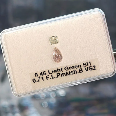 Pink & green diamonds, 1.17 total carats, pear & cushion shapes, VS2, SI1 clarity