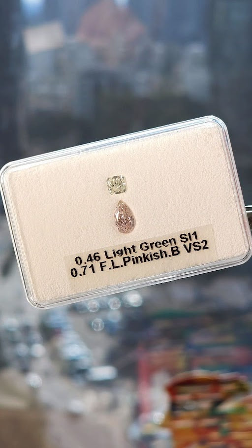 Pink & green diamonds, 1.17 total carats, pear & cushion shapes, VS2, SI1 clarity
