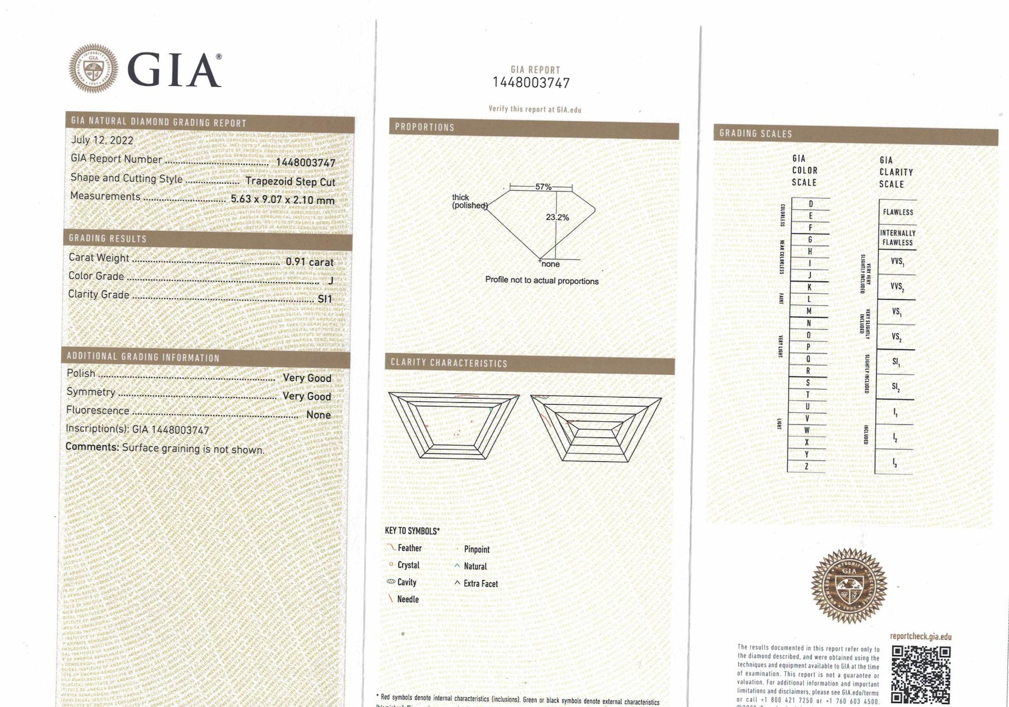 J Color diamonds, 1.06 & 0.91 carats, trapeze shape, both SI1 clarity