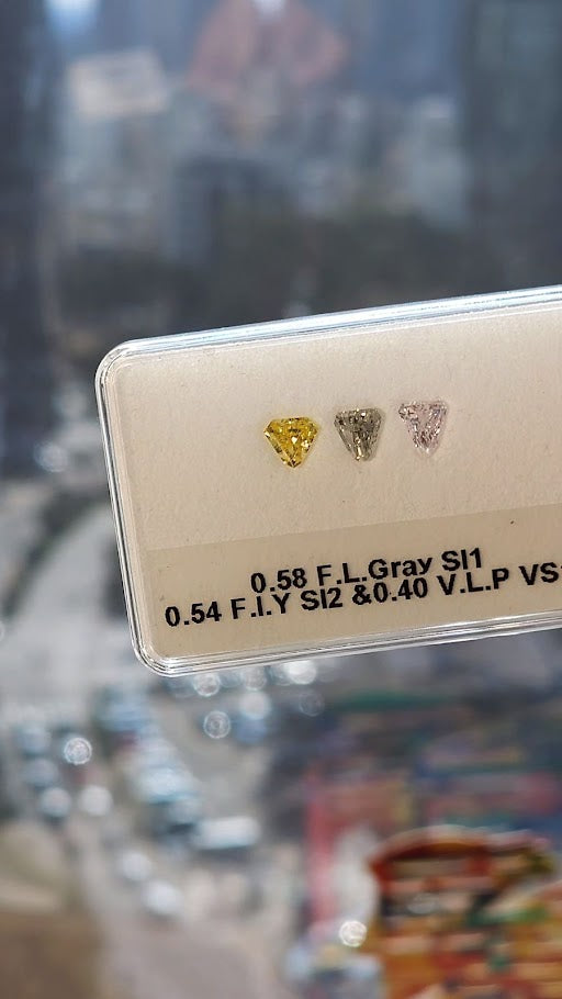 Pink, gray & yellow diamonds, 1.52 total carat, shield shapes, VS1-SI2 clarity