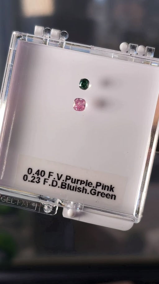 Multi colored natural diamonds pink & green, 0.63 carats, cushion shapes, SI2 clarity