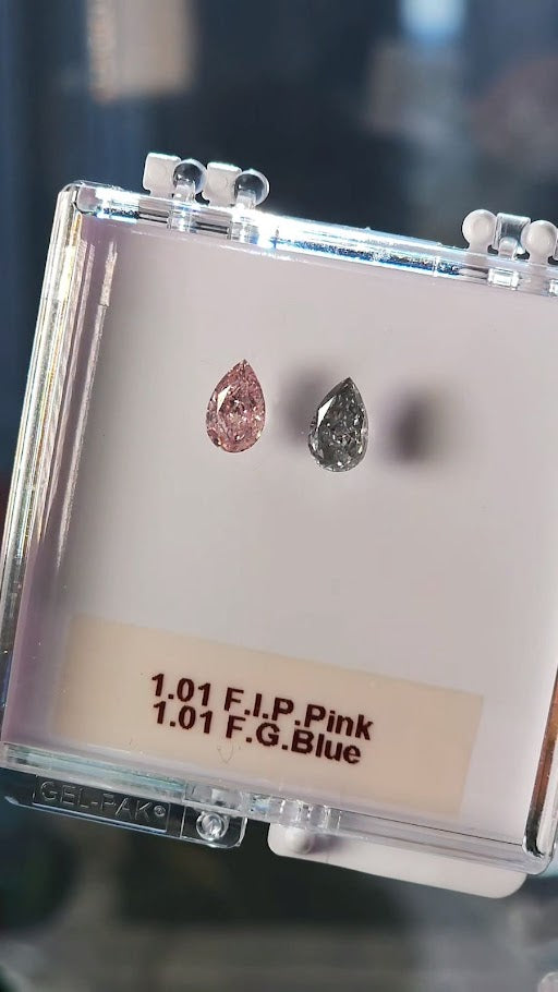 Purplish pink & gray blue diamonds, 2.02 total carat, pear shapes, I2 clarity