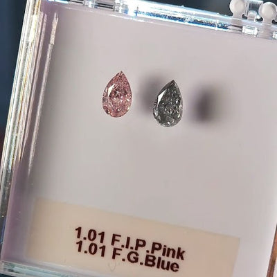 Purplish pink & gray blue diamonds, 2.02 total carat, pear shapes, I2 clarity