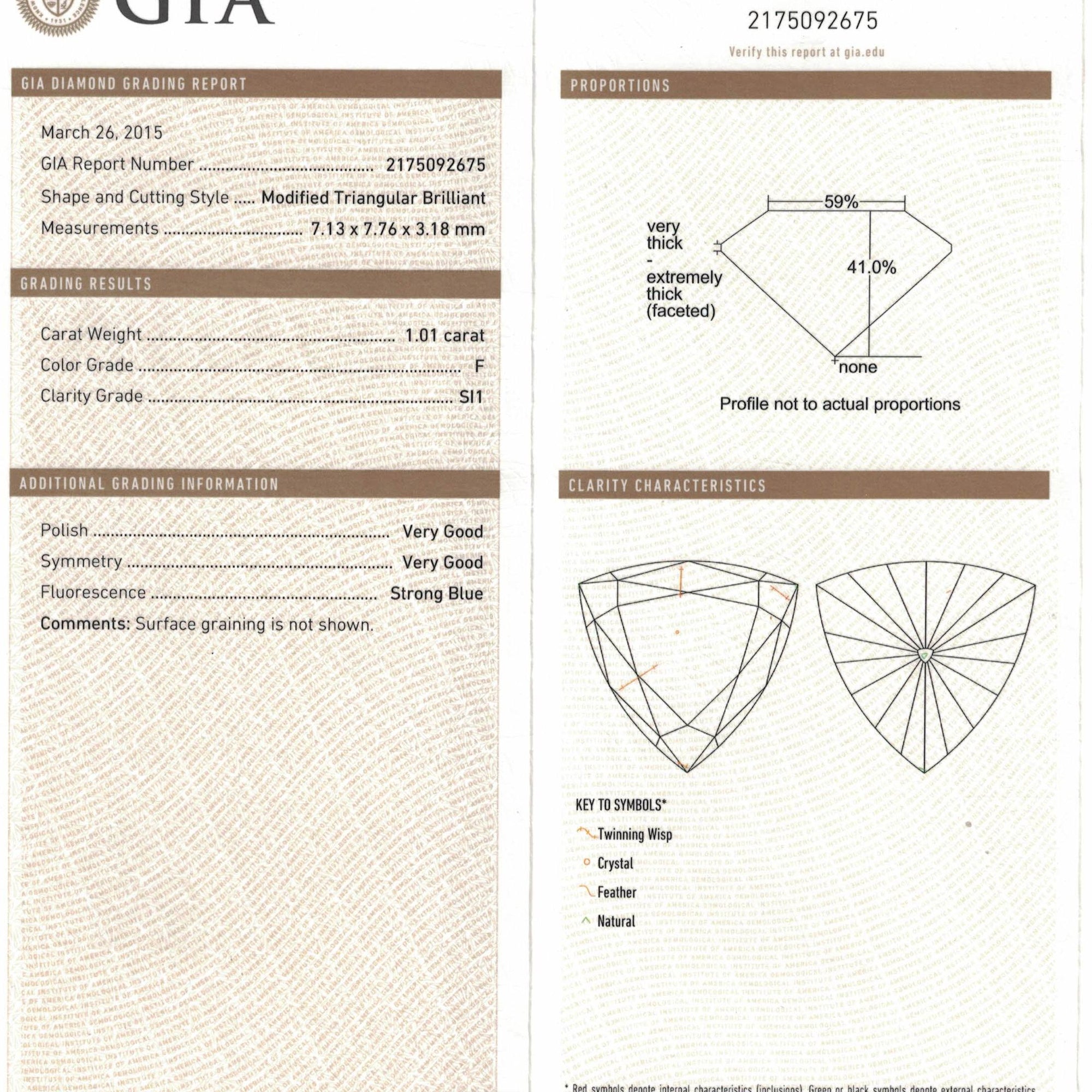 F color diamonds, 1.09 & 1.01 carats, trilliant shape, SI1 & i1 clarity