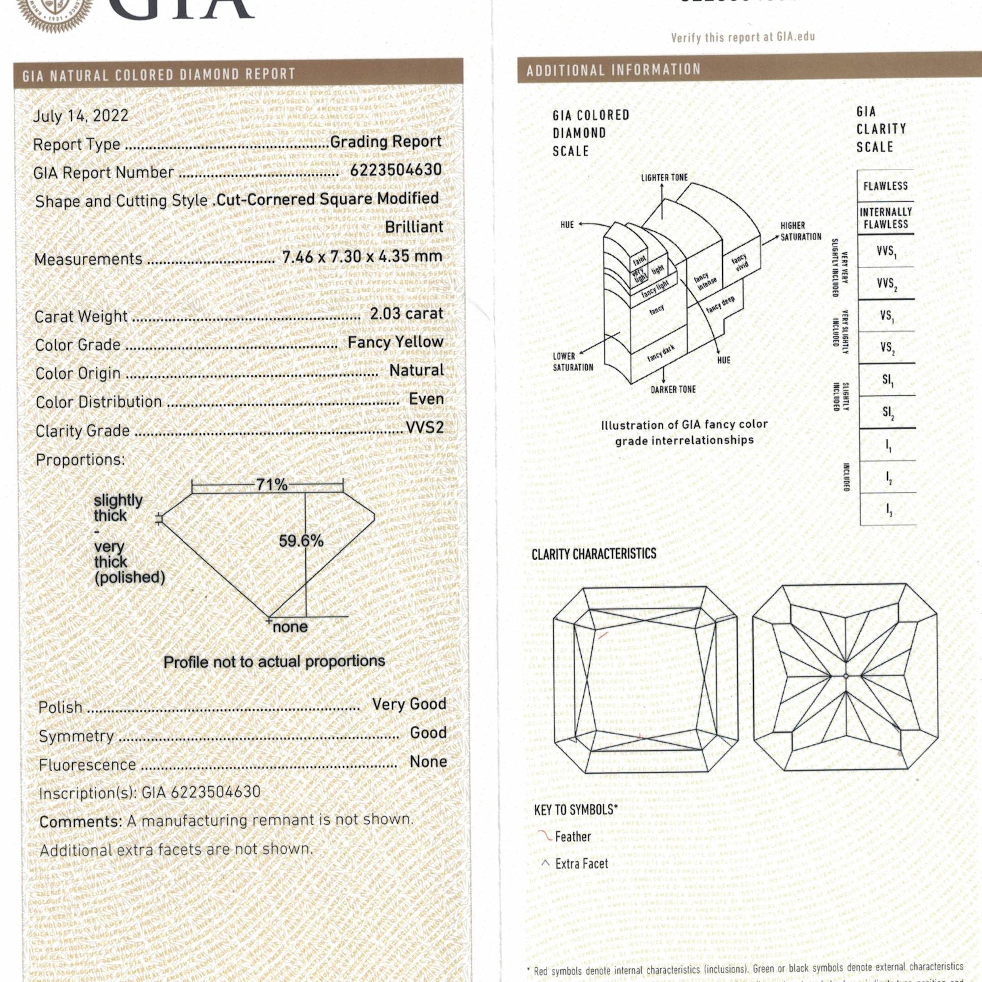 Yellow diamonds, 2.03 & 2.03 carats, radiant shape, both VVS2 clarity
