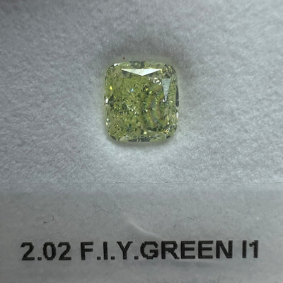 GREEN Diamond, 2.02 Carat, CUSHION Shape, I1 Clarity