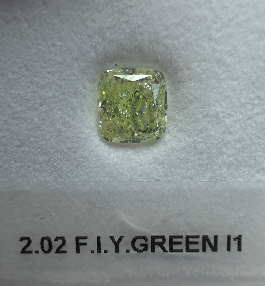 GREEN Diamond, 2.02 Carat, CUSHION Shape, I1 Clarity