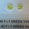 Yellow green diamonds, 0.43 & 0.42 carats, radiant shapes, both VVS1 clarity