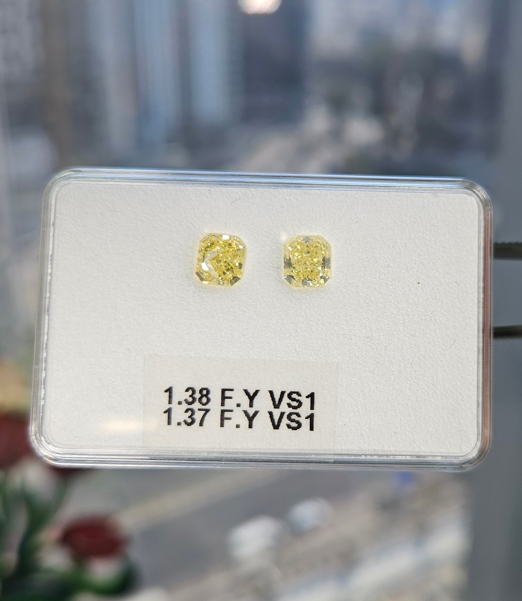 Yellow Diamonds, 1.38 & 1.37 Carat, Radiant Dhape, VS1 Clarity