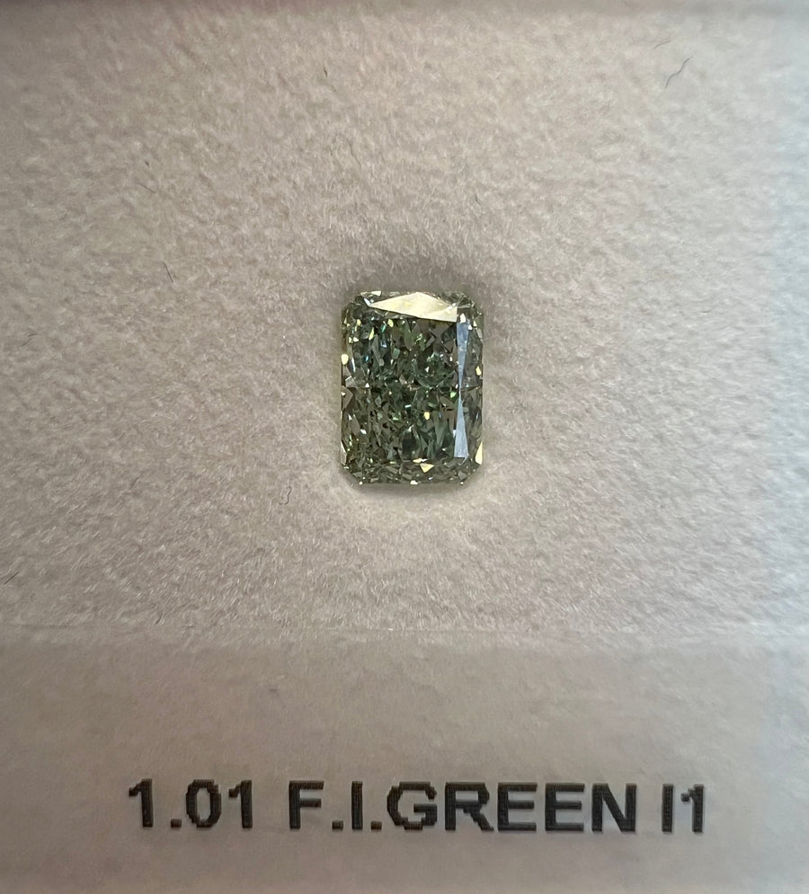 GREEN Diamond, 1.01 Carat, RADIANT Shape, I1 Clarity
