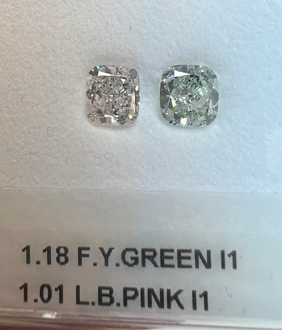 FANCY YELLOWISH GREEN Diamond, 1.18 Carat, CUSHION Shape, I1 Clarity