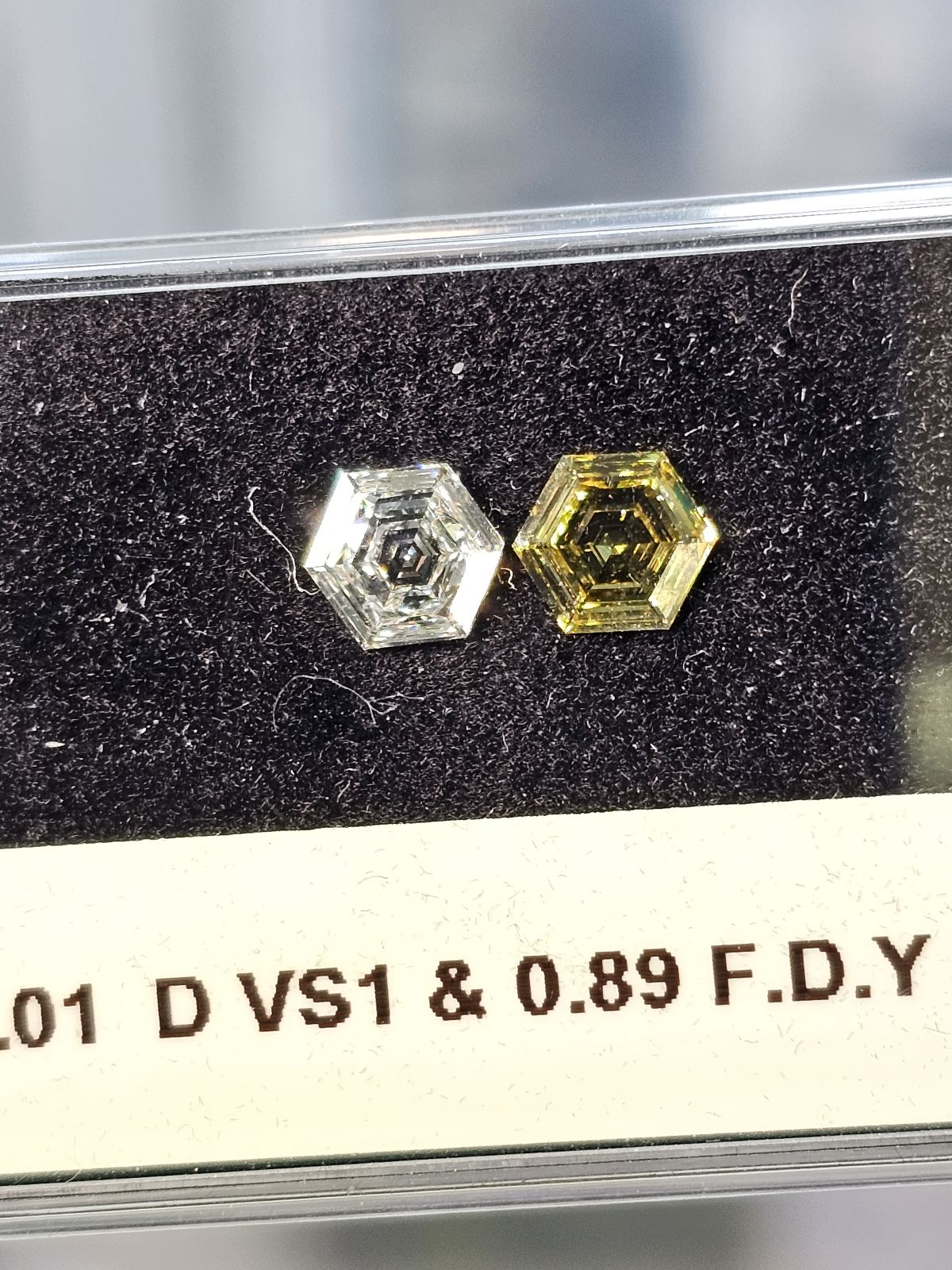 Color Diamonds, 1.01 & 0.89 Carats, Hexagon Shapes, VS1, SI2 Clarity