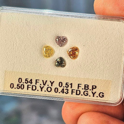Multi Colored Diamonds, 0.54,0.50,0.51 & 0.43 Carat, Heart Shape, SI1-i1 Clarity
