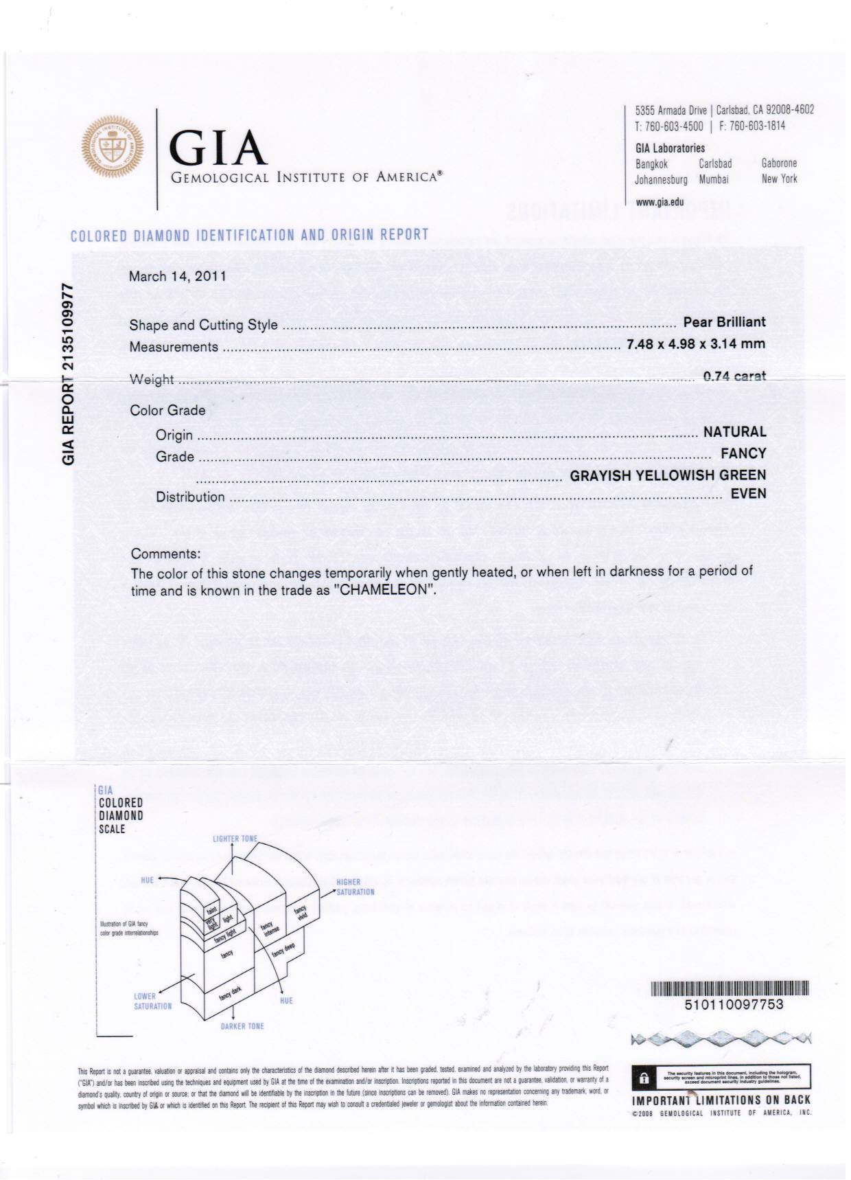 0.74 Carat PEAR Shape GREEN CHAMELEON Color Diamond - VMK Diamonds