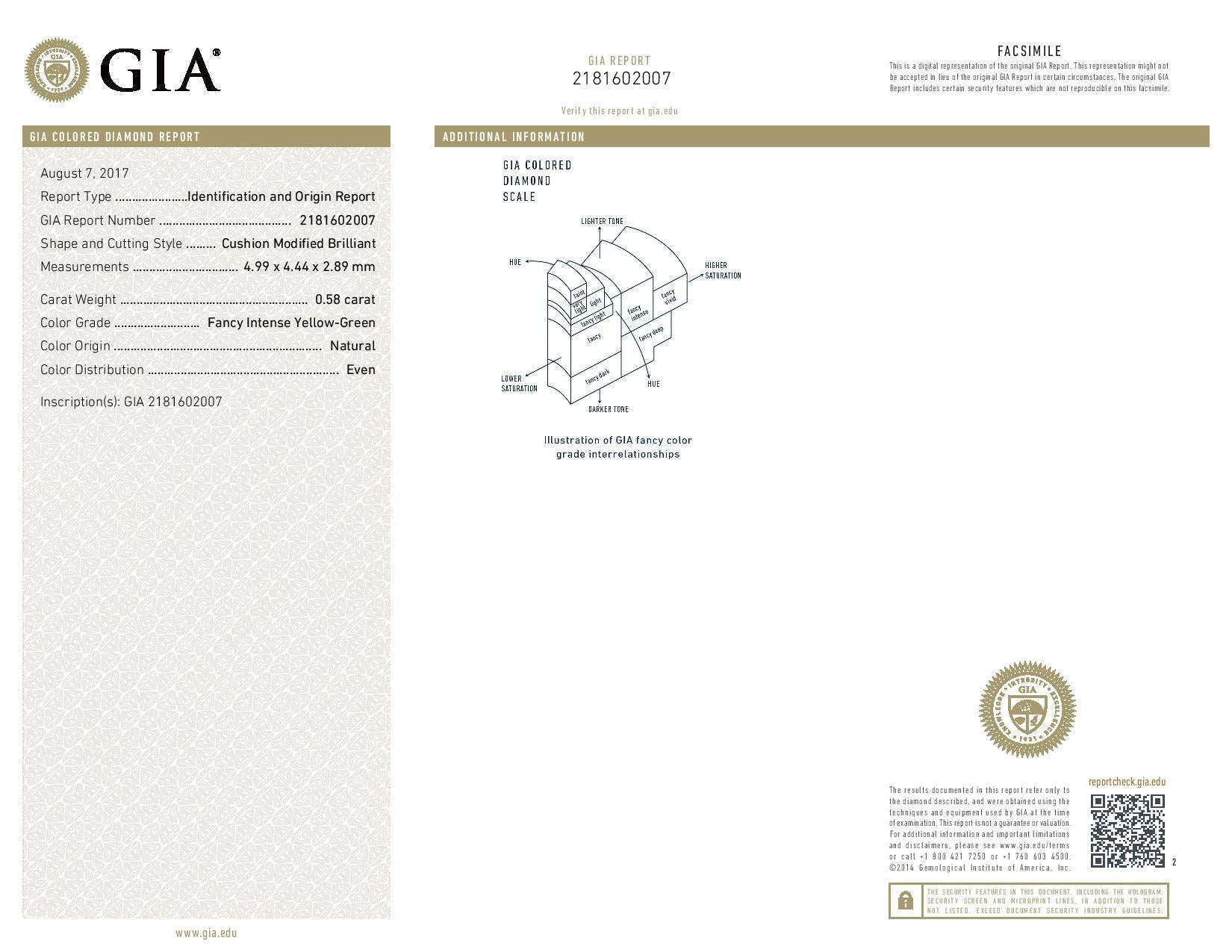 0.58 Carat CUSHION Shape GREEN Color Diamond - VMK Diamonds