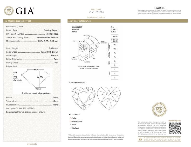 FANCY PINK-BROWN Diamond 0.88 Carat HEART Shape : 2191073265