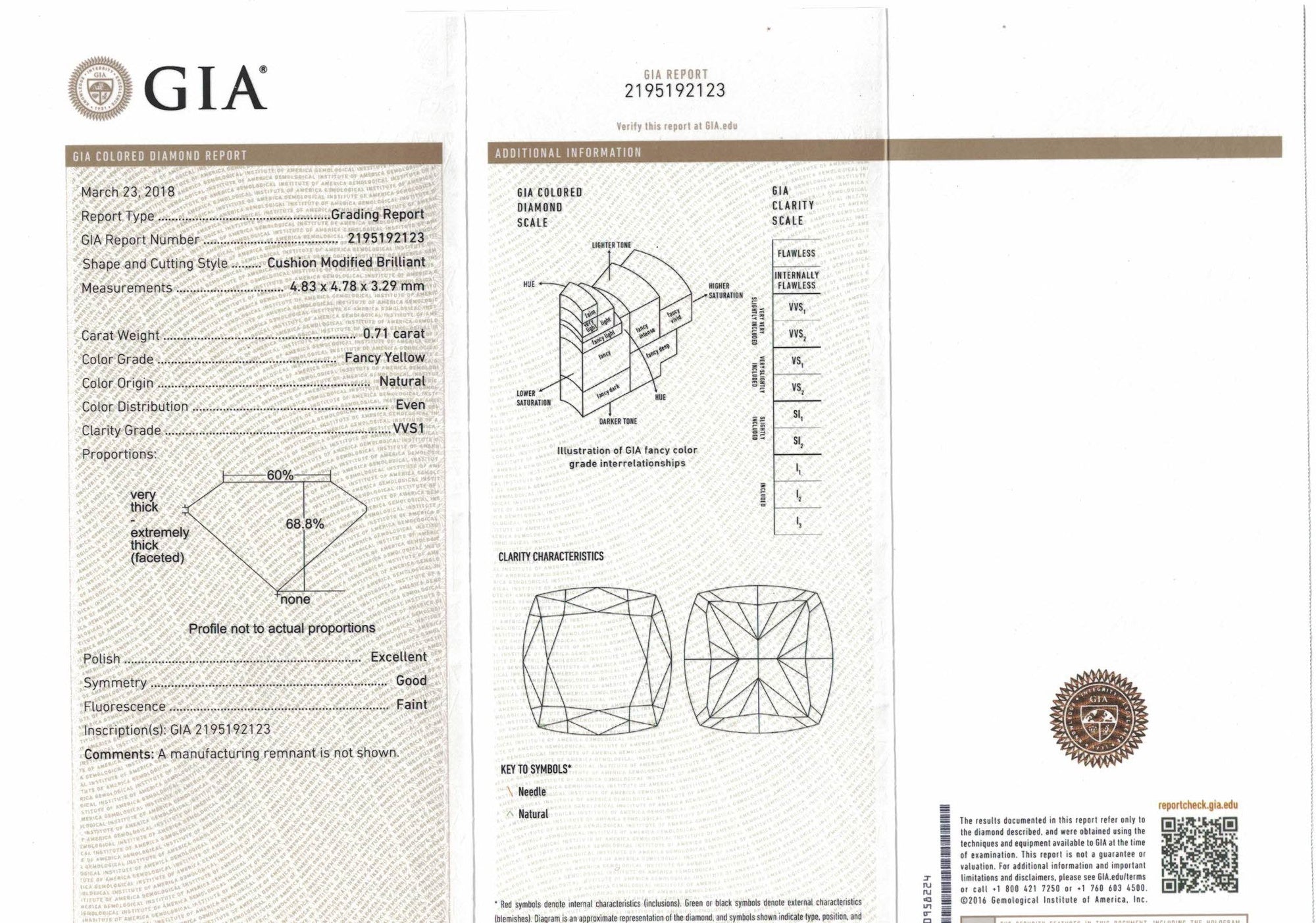 0.71 Carat CUSHION Shape YELLOW Color Diamond - VMK Diamonds