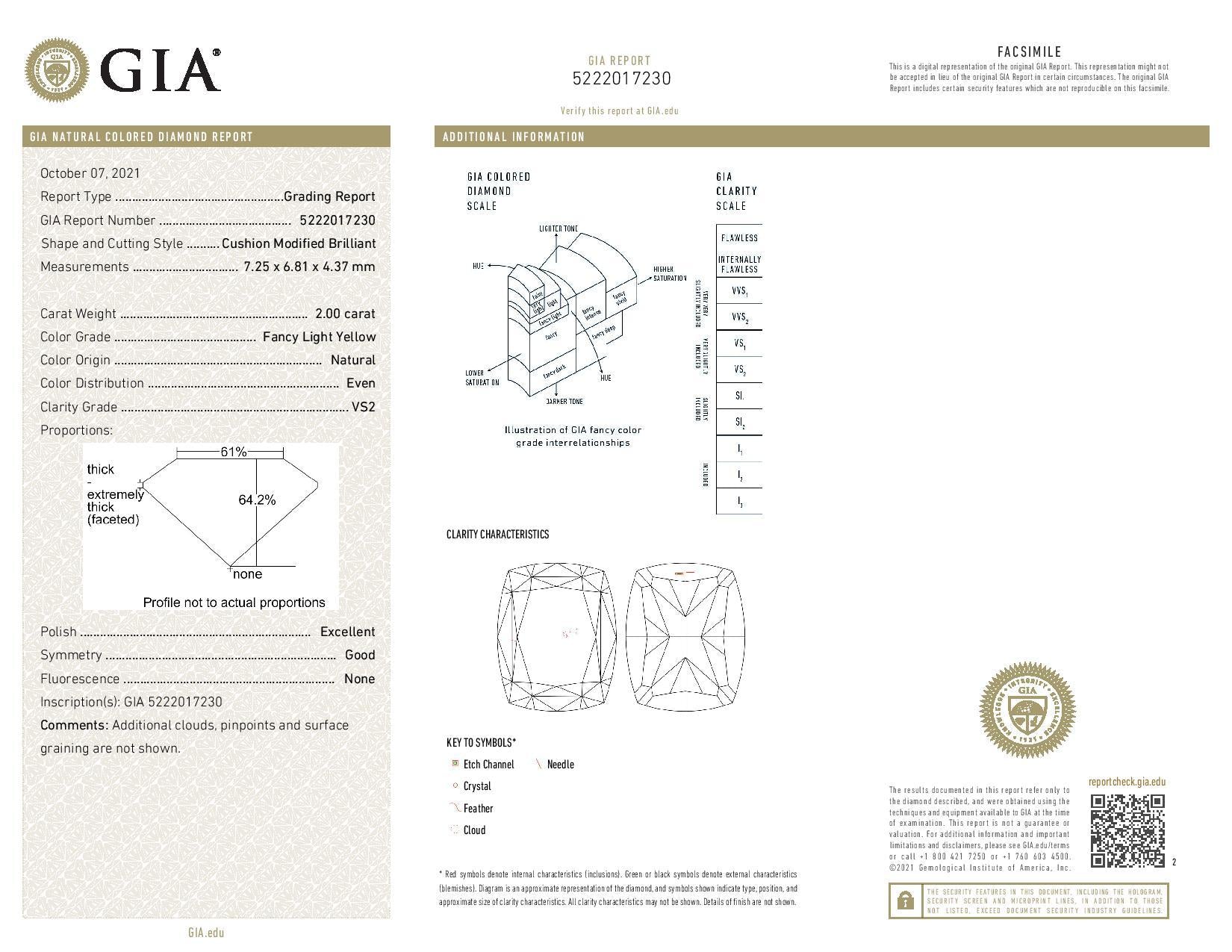 Lemon Yellow Diamond 2.00 Carat CUSHION Shape 5222017230