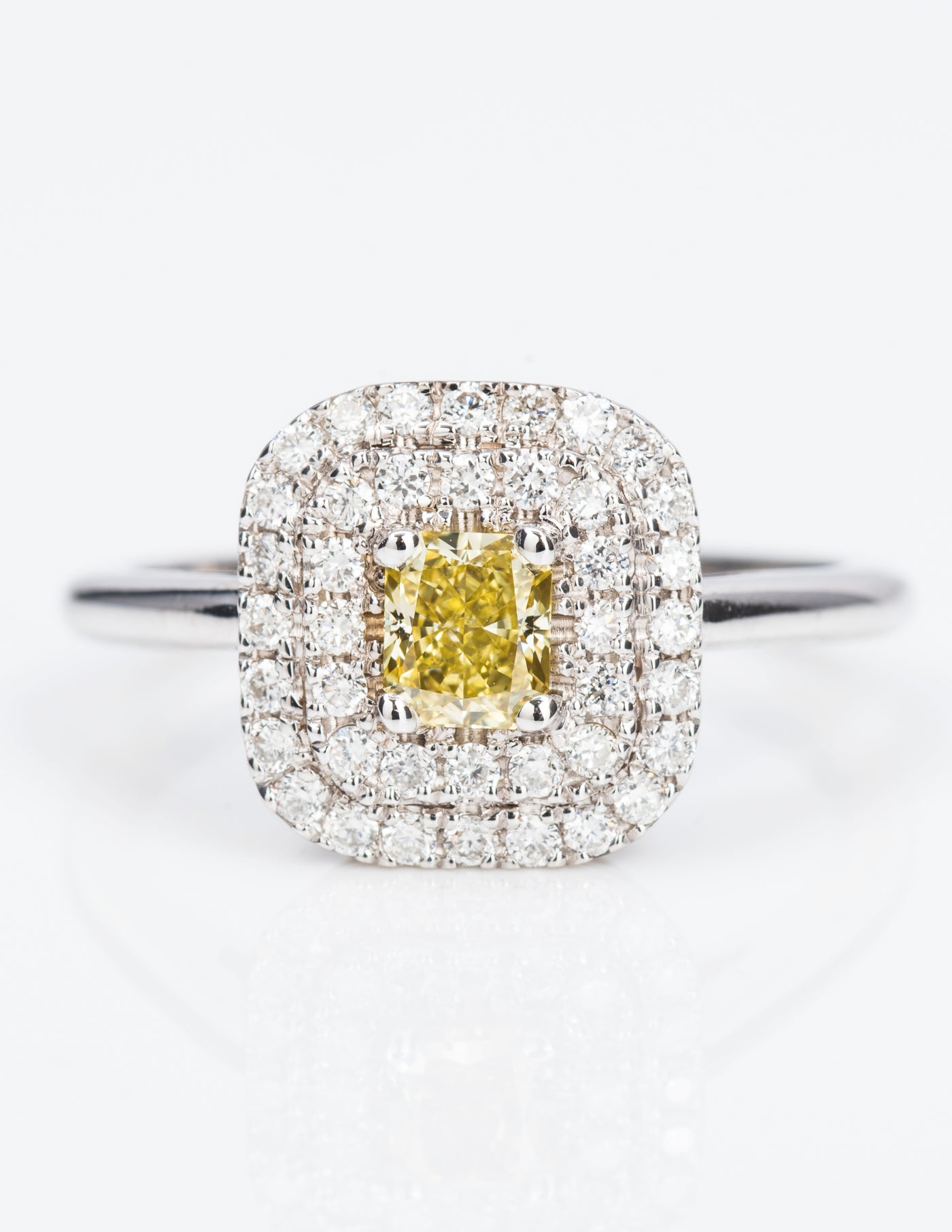 Double halo intence yellow diamond ring, 1.37 carat