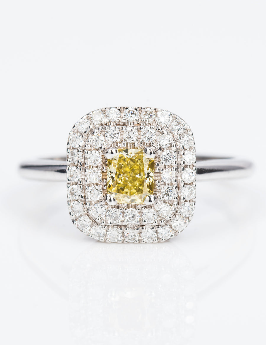 Double Halo Intence Yellow Diamond Ring, 1.37 carat - VMK Diamonds