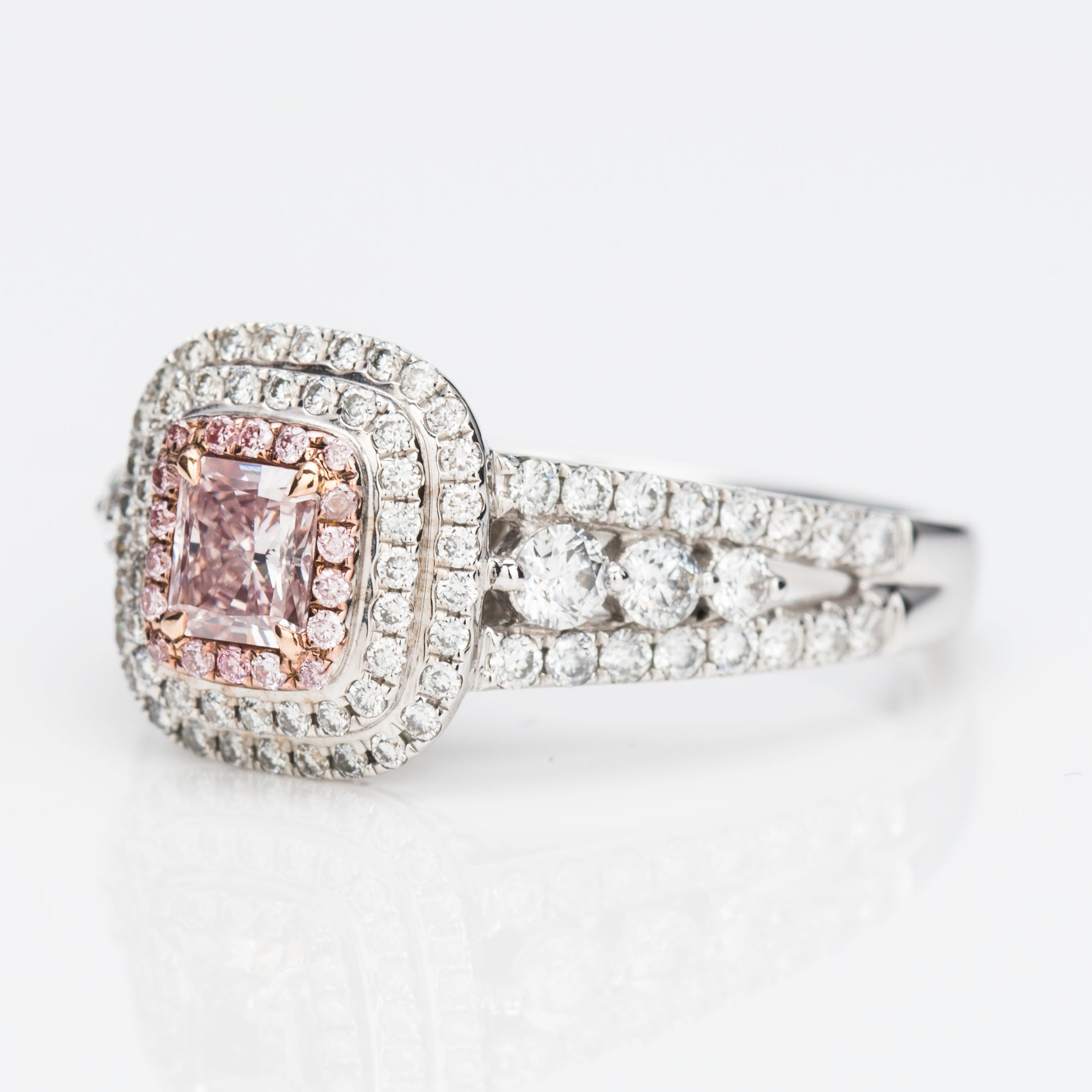 Double Halo Fancy Pink Diamond Ring, 1.08 carat - VMK Diamonds