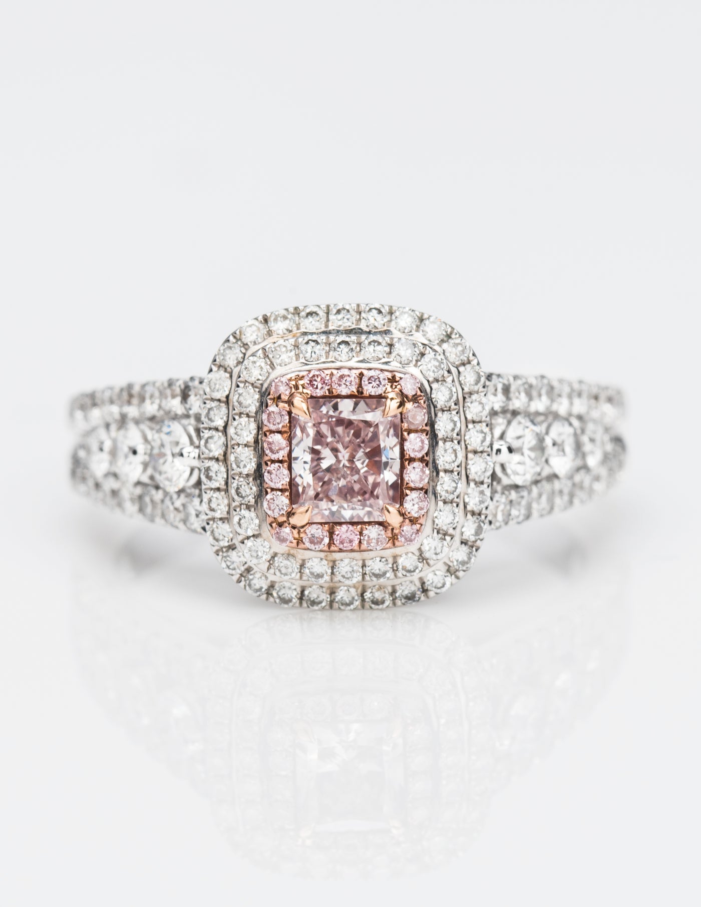 Double halo pink diamond ring, 1.08 carat