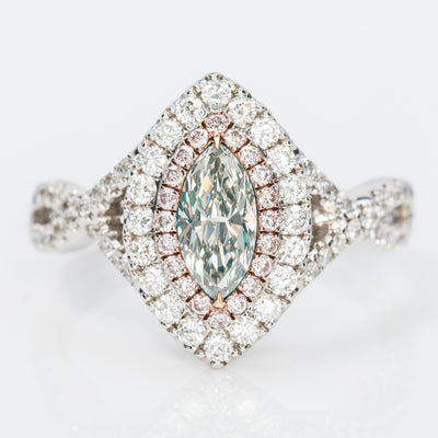 Fancy LIght Grey Marquise Double Halo Diamond Ring, GIA certified, 1.10 total carat.