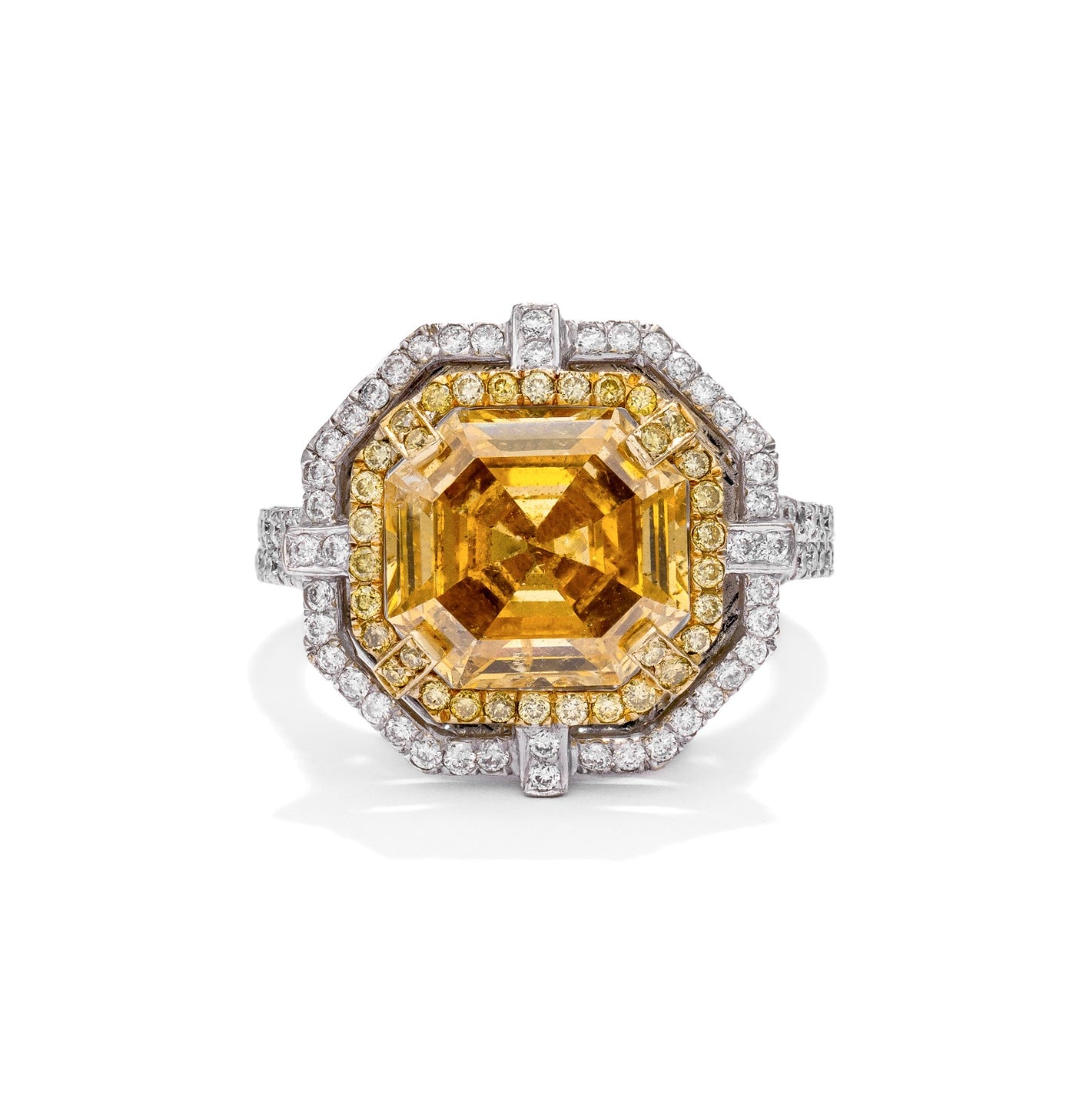 Halo intense orange-yellow diamond ring, 4.92 carat