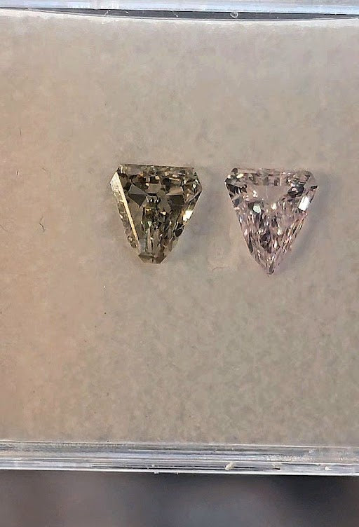 Pink, gray & yellow diamonds, 1.52 total carat, shield shapes, VS1-SI2 clarity
